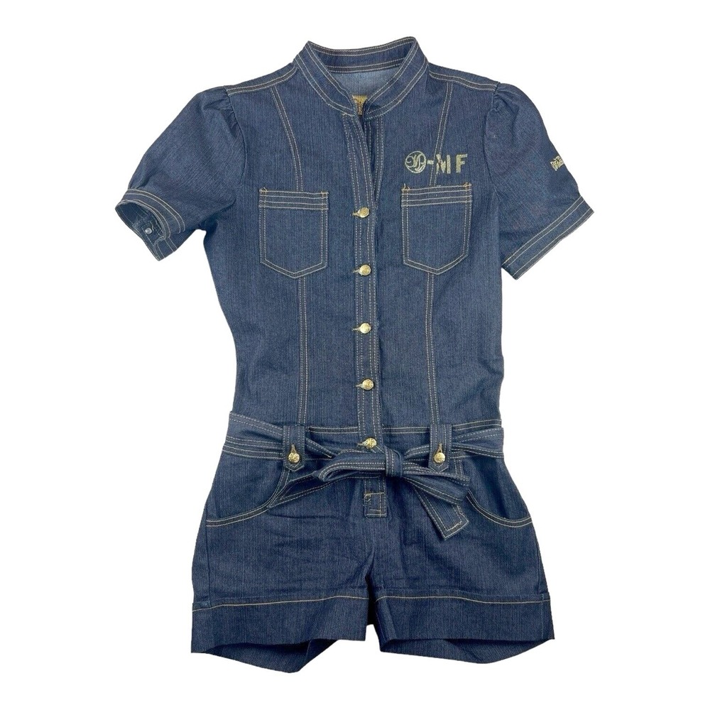 Denim Romper Tie Waist Dark‎ Blue Jumpsuit Romper SS Mecca Femme 7/8 Y2k Utility